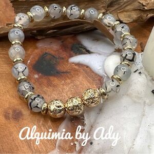 Rutile/white rutilated quartz beaded handmade bracelet metallic gold lava rock